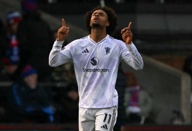 Manchester United striker Joshua Zirkzee celebrates scoring against Crystal Palace