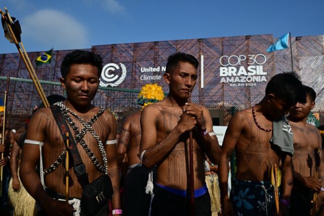 Members of the Indigenous movement Munduruku Ipereg Ayu hold a protest outside the United