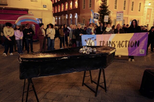People take part in a gathering to celebrate Transgender Day of Remembrance in Nice, Franc