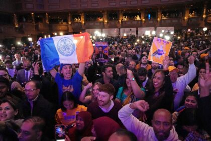 Supporters of New York City mayoral candidate Zohran Mamdani celebrate during an election