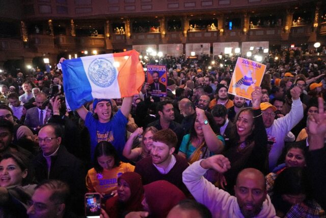 Supporters of New York City mayoral candidate Zohran Mamdani celebrate during an election