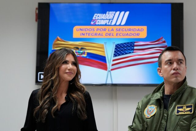 United States Secretary of Homeland Security Kristi Noem (L) and Ecuador's President