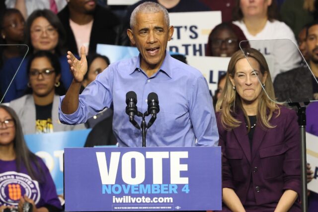 Former US president Barack Obama addresses a crowd at a campaign rally for New Jersey Demo