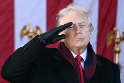 US President Donald Trump salutes at the conclusion of a Veterans Day ceremony at Arlingto