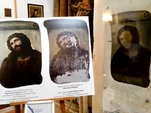 View of the deteriorated version of 'Ecce Homo' mural by 19th century painter Elias Garcia