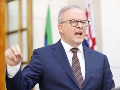 Australia's Prime Minister Anthony Albanese speaks to the media at Parliament House o
