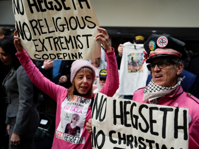 Code Pink Members of the protest group Code Pink protest Pete Hegseth, President-elect Donald Trump&