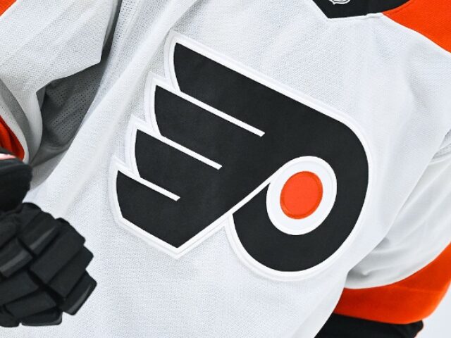 David Kirouac_Icon Sportswire via Getty Images MONTREAL, QC - APRIL 05: View of a Philadelphia Flyers logo on a jersey worn by a member o