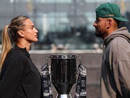 Belarus’ Aryna Sabalenka (L) and Australia's Nick Kyrgios face off during a press o