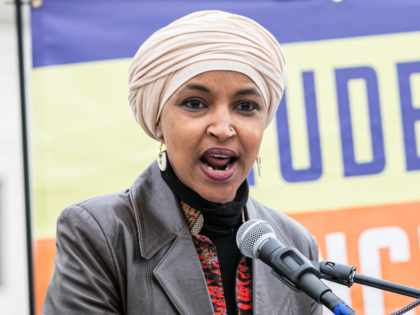 Representative Ilhan Omar, a Democrat from Minnesota, speaks outside the US Supreme Court