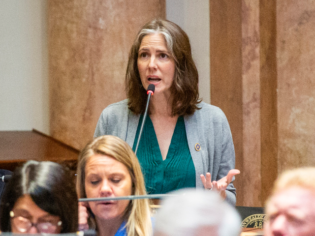 FRANKFORT, KY - APRIL, 12: Rep. Sarah Stalker speaks on the floor of the House of Represen