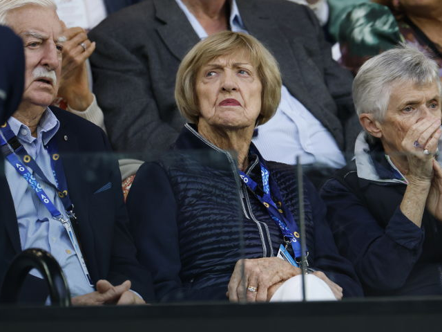 MELBOURNE, AUSTRALIA - JANUARY 23: Margaret Court (C) and Barrymore Court (L) are seen pri