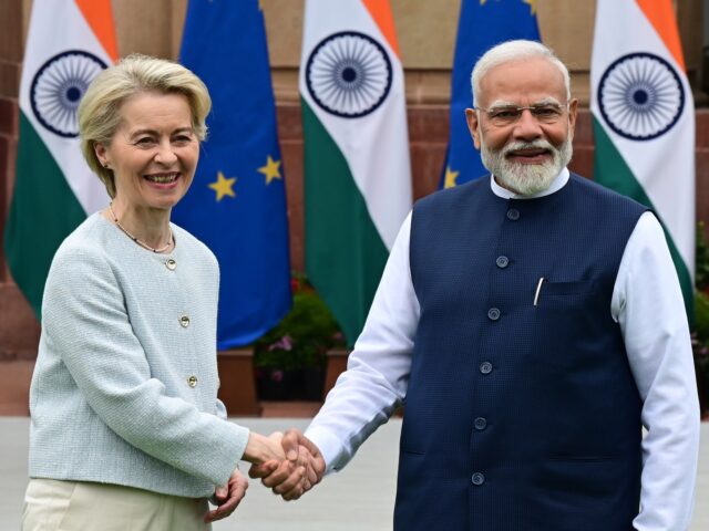 NEW DELHI, INDIA - FEBRUARY 28: Indian Prime Minister Narendra Modi talks to European Comm