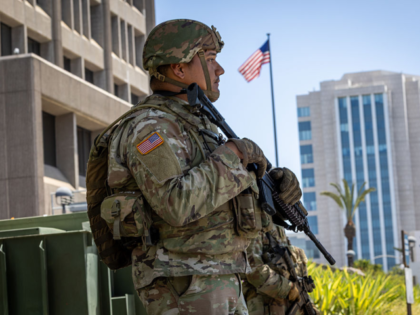 Santa Ana, CA - June 18: California National Guard members guard the Santa Ana Federal Bui