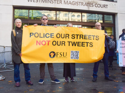 LONDON, UNITED KINGDOM - 2025/09/04: Members of the Free Speech Union hold a 'Police