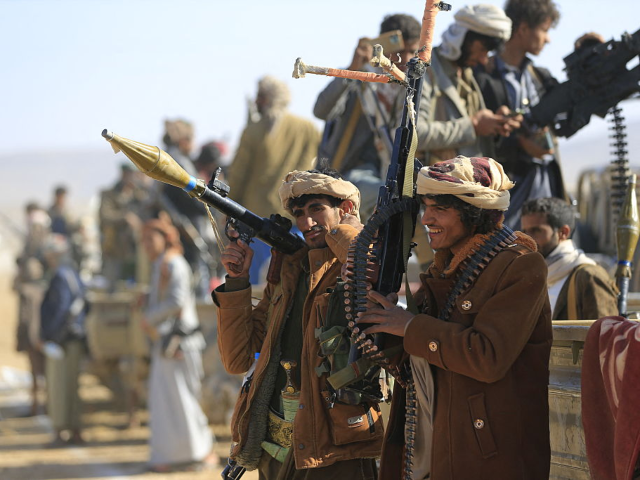 GettyImages-2245928643 Yemeni militants gather to mobilize fighters in the Harf Sufyan district, located north of