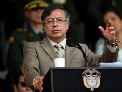Colombia's President Gustavo Petro delivers a speech during the commemoration of the 134th