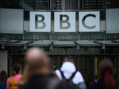 LONDON, ENGLAND - NOVEMBER 11: The BBC logo is displayed above the entrance to Broadcastin