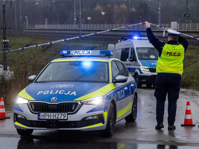 Police cars are seen close to the railways that were damaged in an explosion on the rail l