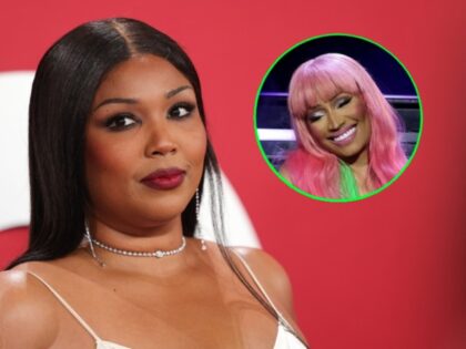 (INSET: Nicki Minaj) Lizzo arrives at 2025 GQ Men Of The Year at Chateau Marmont on Novemb