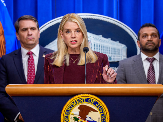 WASHINGTON, DC - NOVEMBER 19: Attorney General Pam Bondi, accompanied by Deputy Attorney G