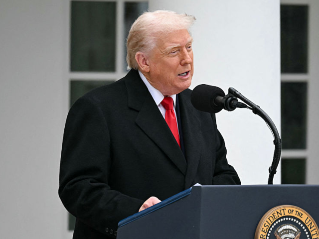 US President Donald Trump speaks during the turkey pardon ceremony in the Rose Garden of t