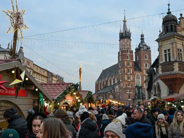 KRAKOW, POLAND NOVEMBER 29:A dense crowd of tourists and locals fills the Christmas market
