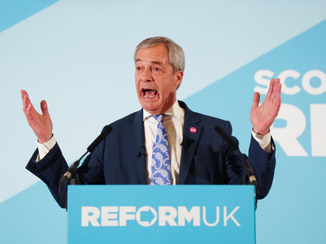 Reform UK leader Nigel Farage speaking at the MacDonald Inchyra Hotel & Spa in Falkirk, fo