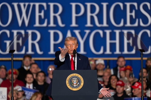 US President Donald Trump speaks on inflation at Mount Airy Casino Resort in Mount Pocono,