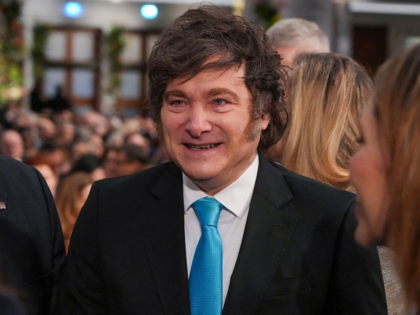 Argentine President Javier Milei (C) arrives at the Nobel Peace Prize ceremony at Oslo Cit