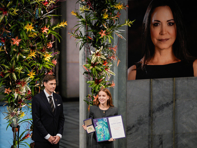 GettyImages-2250416277 Ana Corina Sosa (R), daughter of Venezuelan opposition leader Maria Corina Machado, receiv