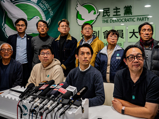 GettyImages-2251230885 Lo Kin-hei (C), chairman of Hong Kong's Democratic Party (DP), attends a press conference