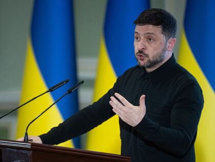 KYIV, UKRAINE - DECEMBER 22: President of Ukraine Volodymyr Zelenskyy gives a speech durin