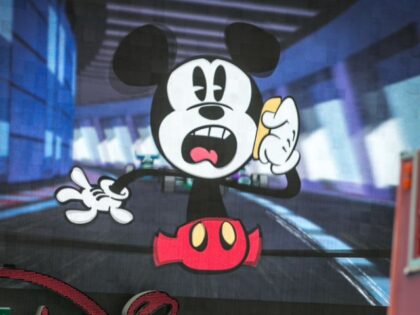 A giant LED video screen above the Disney store in Times Square promotes a Mickey Mouse ca