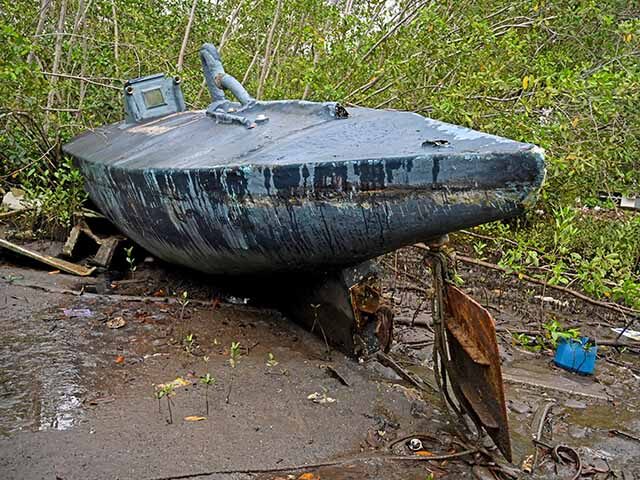 GettyImages1207637566 A homemade narco-submarine that has been seized is seen at the seaport of the Colombian Co