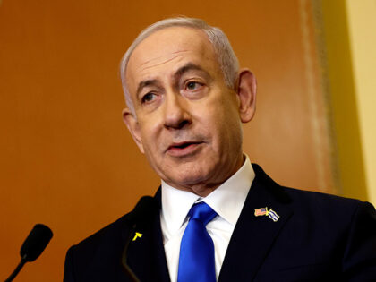 GettyImages2163493316 Israeli Prime Minister Benjamin Netanyahu speaks to reporters alongside Speaker of the Hou