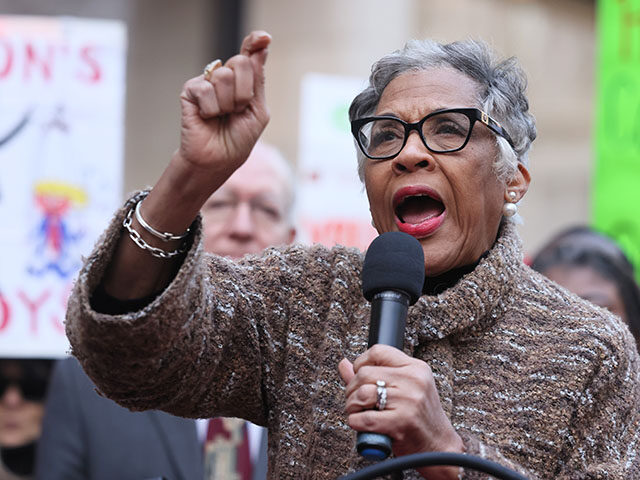 Rep. Joyce Beatty (D-OH) speaks as Congressional Democrats and CFPB workers hold a rally t