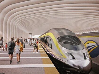 High Speed Train california A rendering shows a high-speed rail train as it enters a station during an informational o