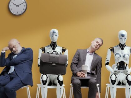 Tired exhausted applicants and android AI robot waiting for the job interview
