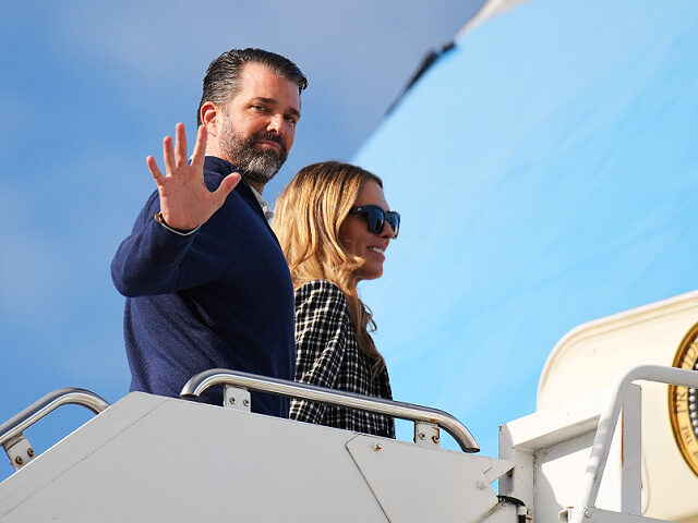 July29-2025-Donald-Trump-Jr-Bettina-Anderson-AF1-getty LOSSIEMOUTH, SCOTLAND - JULY 29: Donald Trump Jr. with partner Bettina Anderson prepare to