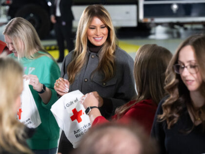 U.S. First Lady Melania Trump helps make care packages for deployed members of the U.S. mi