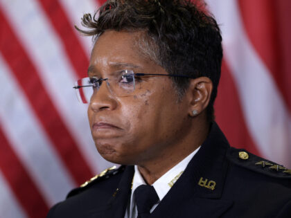 Washington, DC, Chief of Police Pamela Smith listens during a news conference on August 27