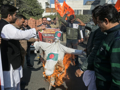 Vishva Hindu Parishad (VHP) activists set on fire an effigy with Bangladesh's nationa