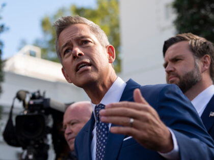 Sean Duffy, US secretary of transportation, speaks following a meeting outside the White H