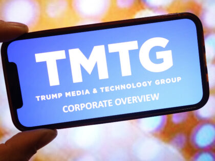 TMTG POLAND - 2025/02/27: In this photo illustration, the Trump Media and Technology Group comp