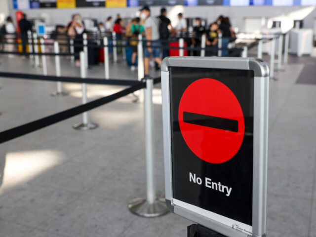 A no entry sign in the check-in area at London Stansted Airport, operated by Manchester Ai