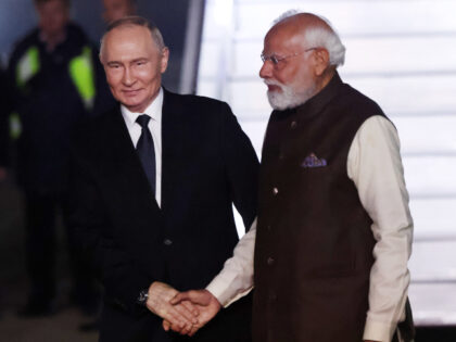 Russian President Vladimir Putin (L) shakes hands with Indian Prime Minister Narendra Modi