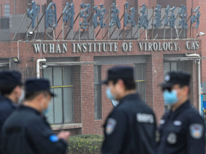 Security personnel stand guard outside the Wuhan Institute of Virology in Wuhan as members