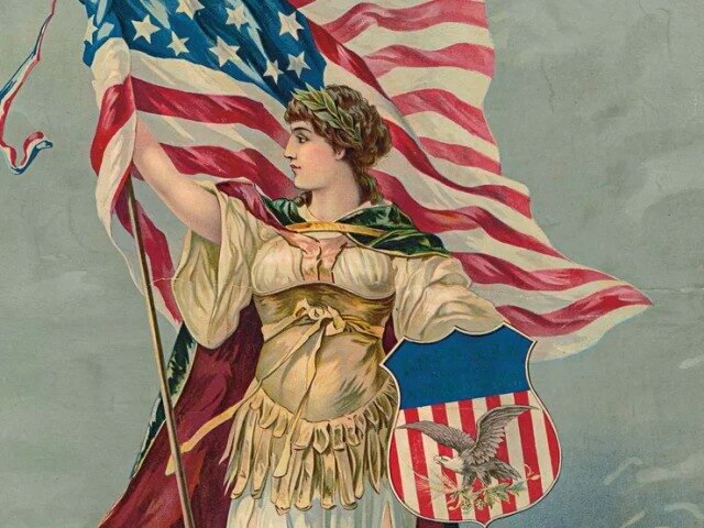 Lady Columbia with the American flag.