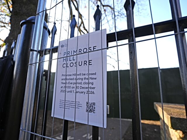london sign on the fencing surrounding Primrose Hill which has been installed around the p
